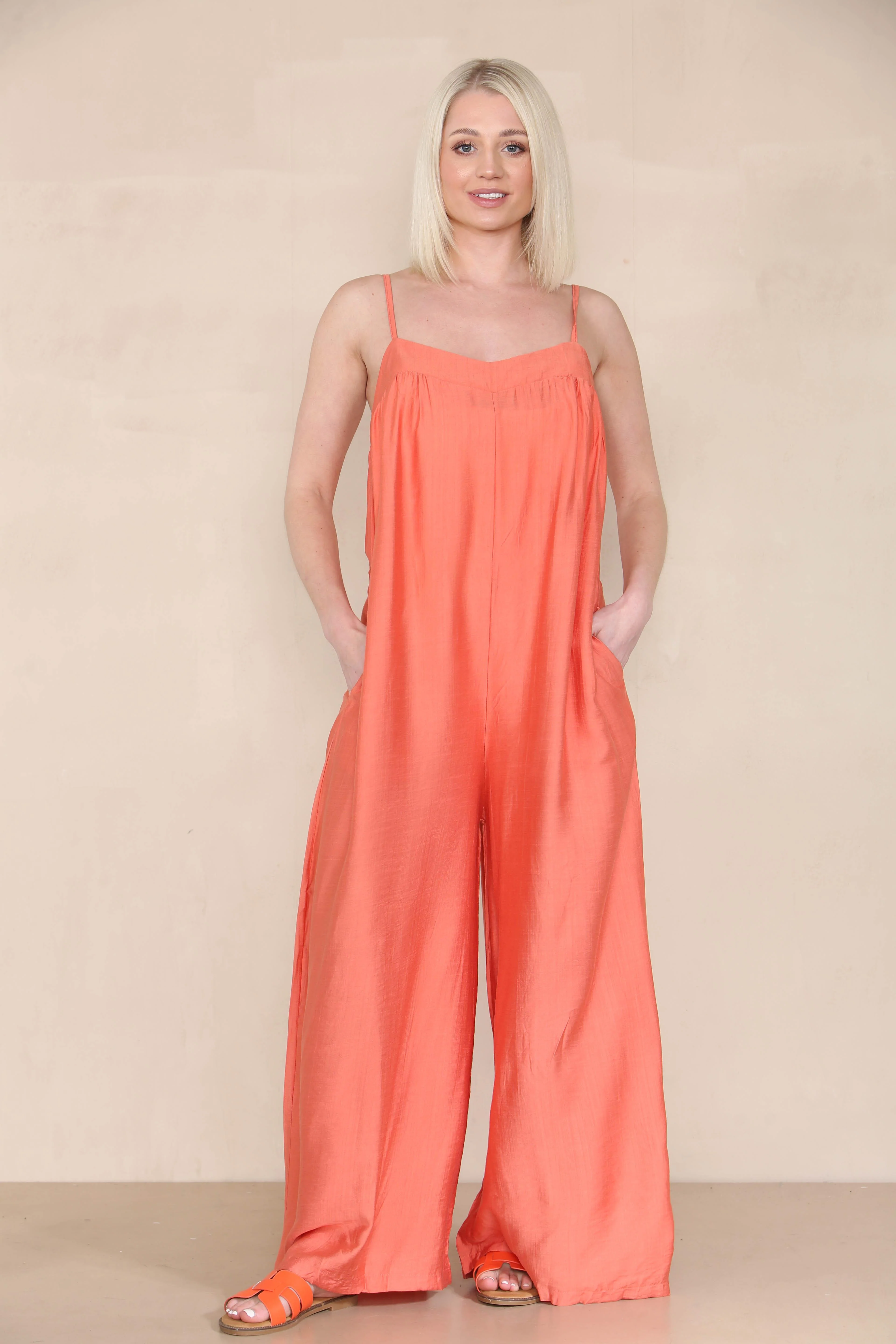 Trendy Solid Spaghetti Strap Ruched Wide Leg Jumpsuit - Image 4
