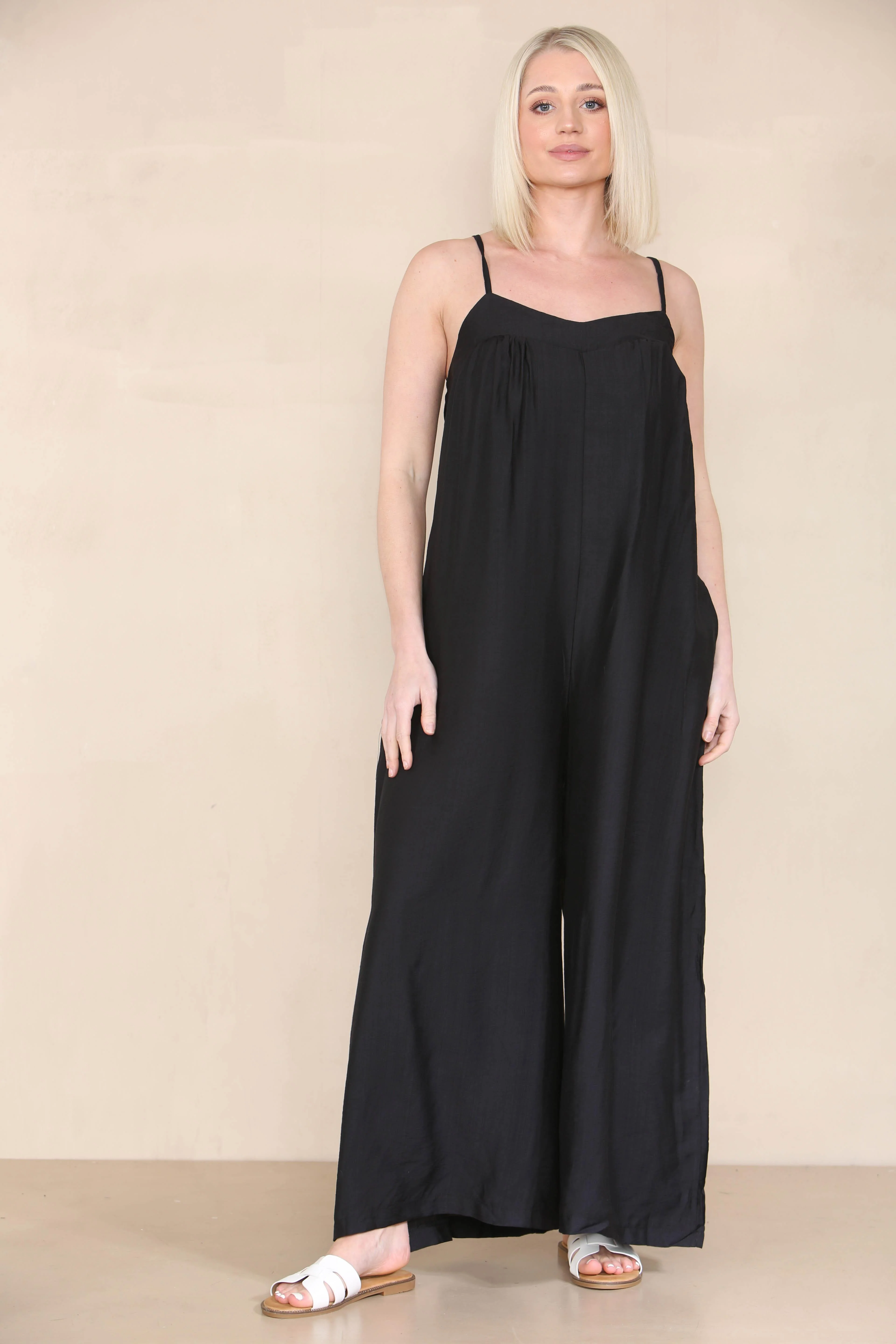 Trendy Solid Spaghetti Strap Ruched Wide Leg Jumpsuit - Image 5
