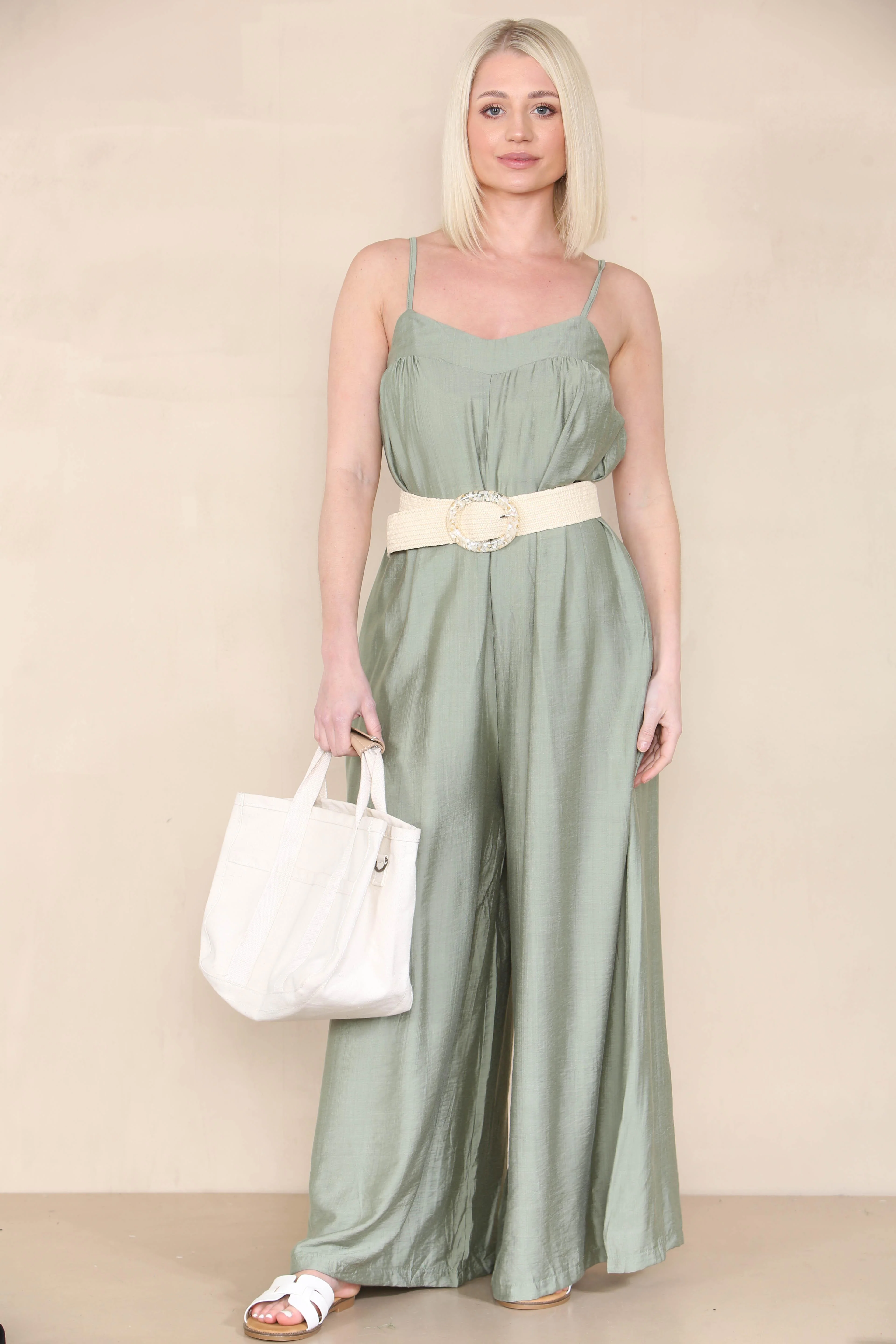 Trendy Solid Spaghetti Strap Ruched Wide Leg Jumpsuit - Image 6