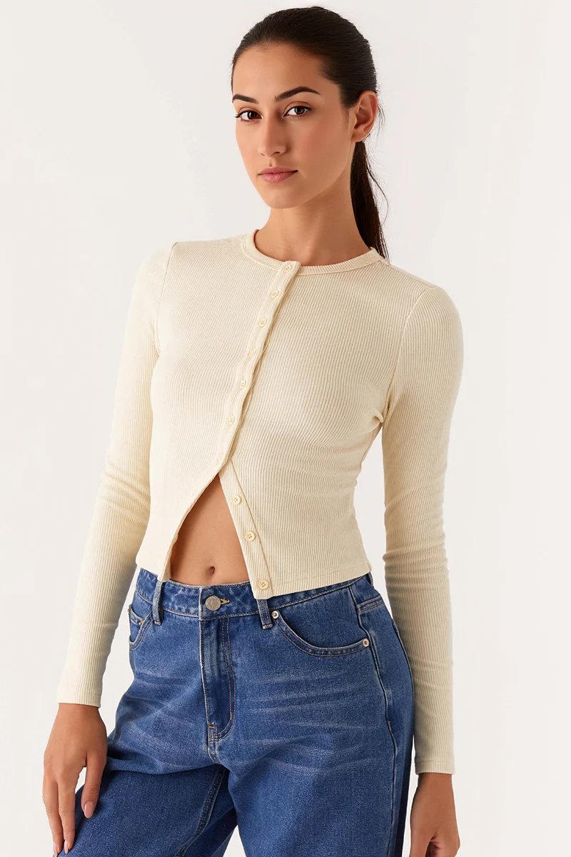 Versatile Solid Color Knit Button-Up Slim Top - Image 13