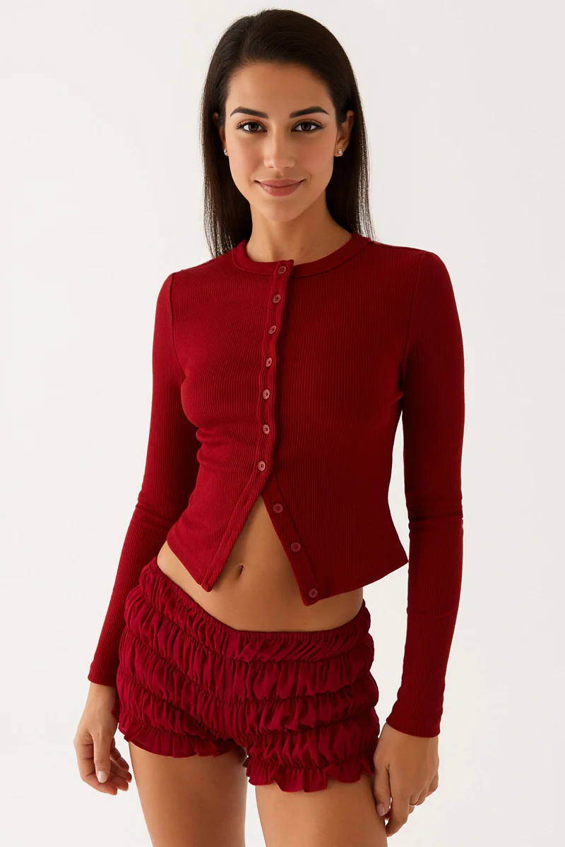 Versatile Solid Color Knit Button-Up Slim Top - Image 4