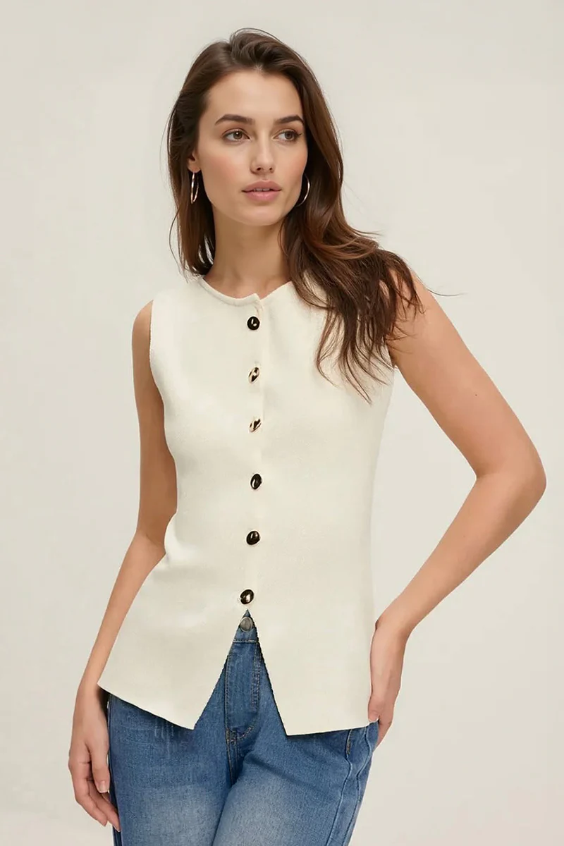 Versatile Solid Color Slim Sleeveless Button-Up Tank Top - Image 6